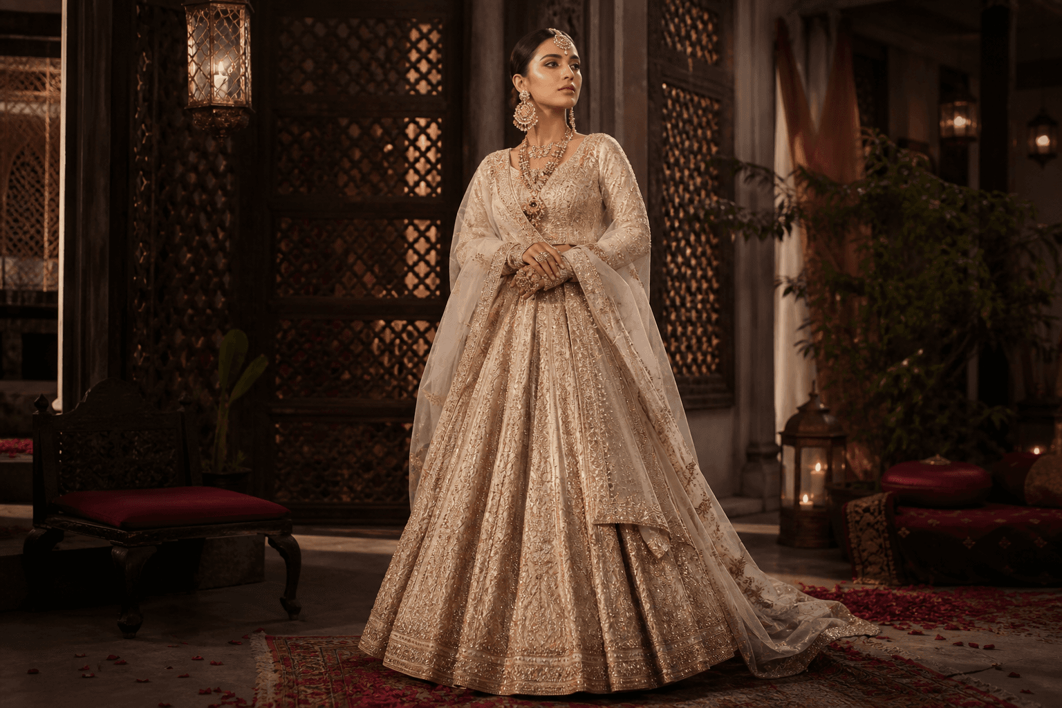 Ivory bridal lehenga in a Karachi haveli courtyard — Aneela & Sons Pakistani womenswear house