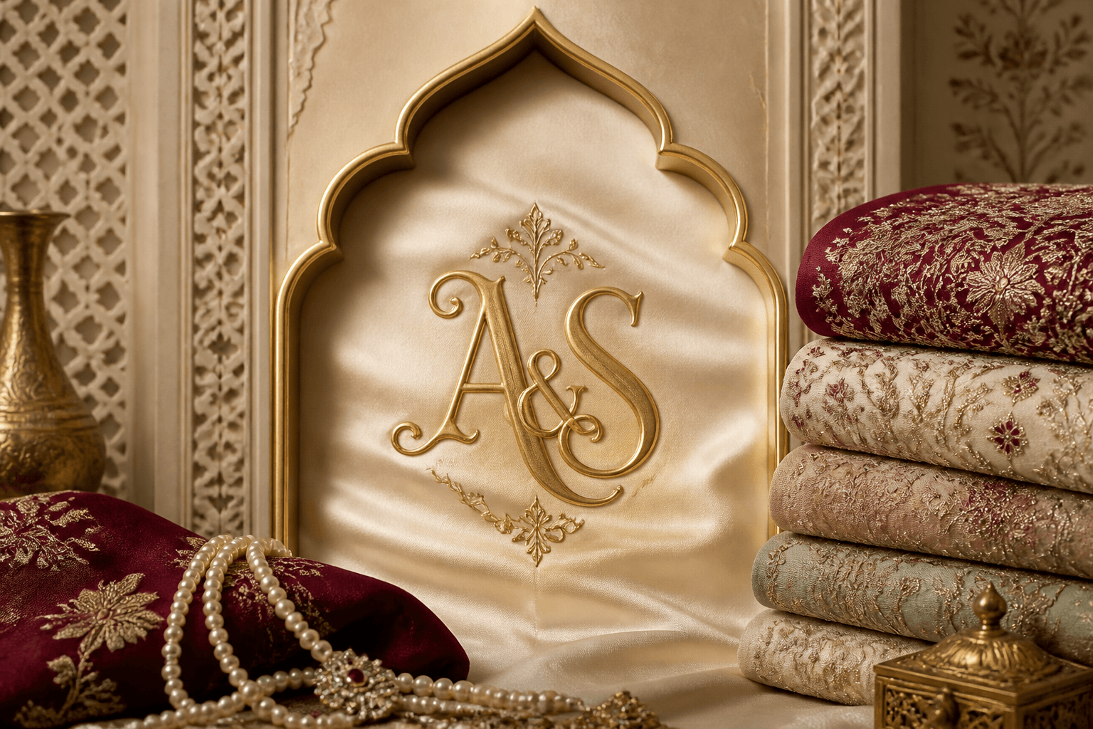 Aneela & Sons gold monogram on cream silk with unstitched Pakistani fabric — official brand identity