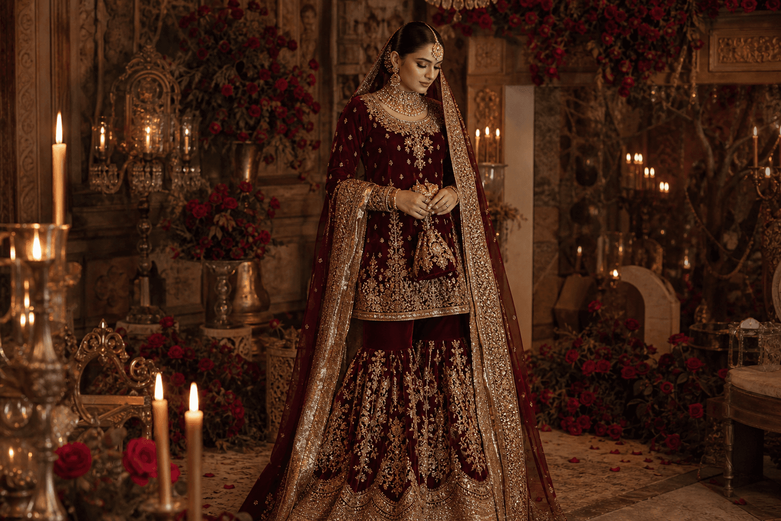 Maroon velvet gharara with gold zardozi — Aneela & Sons Pakistani bridal wear