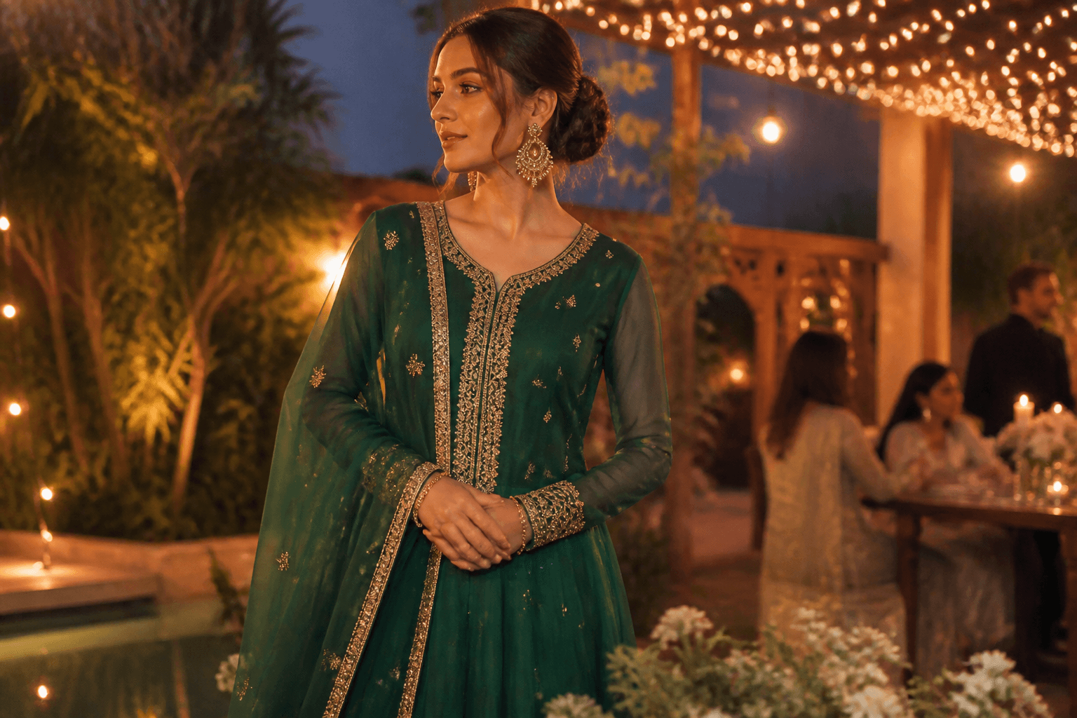 Emerald festive anarkali at dusk garden — Pakistani Eid and wedding wear abroad from Aneela & Sons