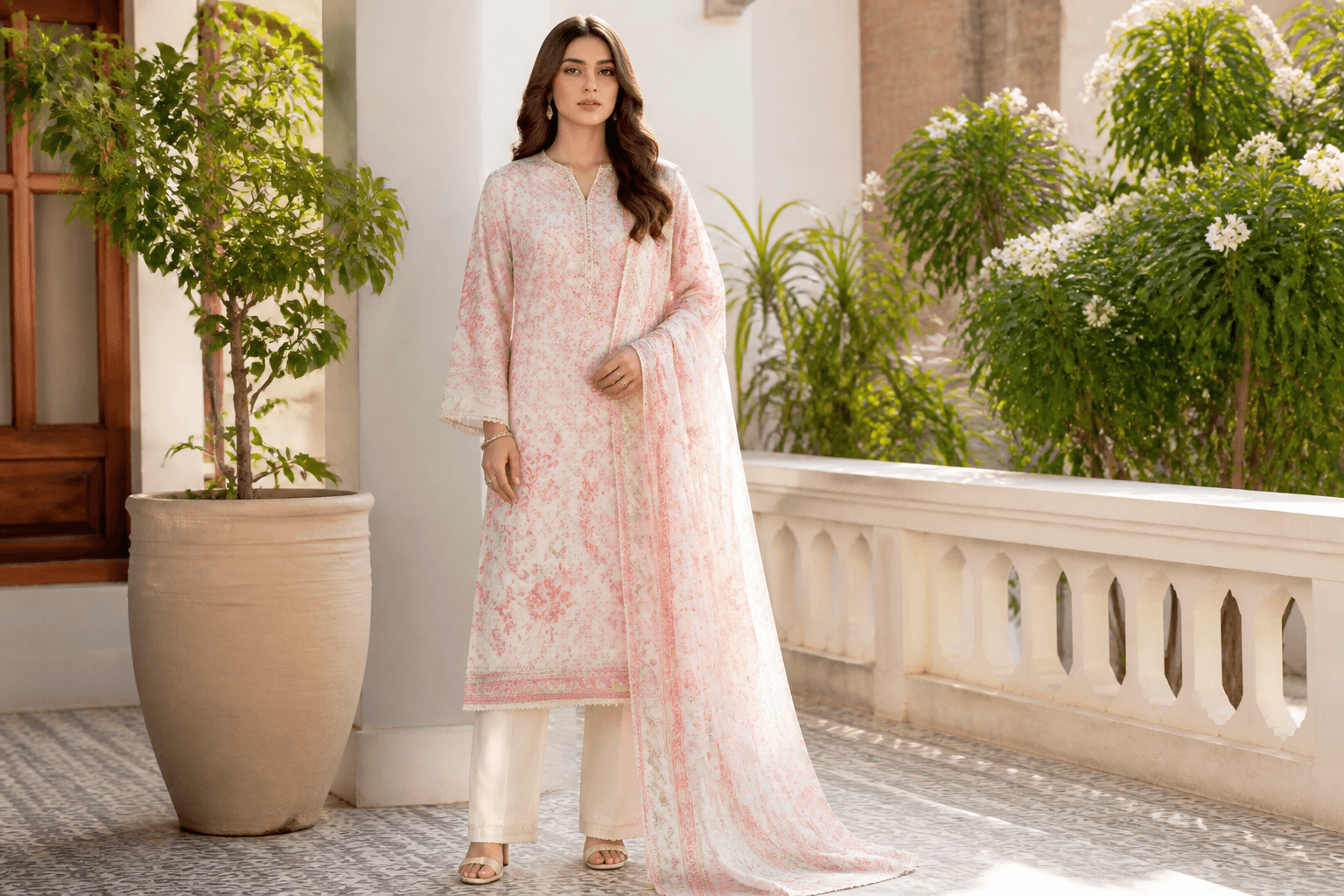 Blush Pakistani lawn suit on sunlit terrace — Aneela & Sons lawn season