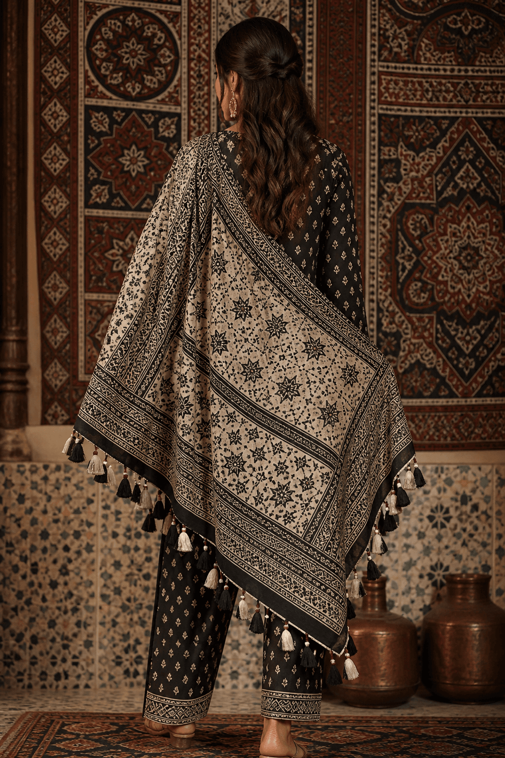 Ajrak shawl, back tassels