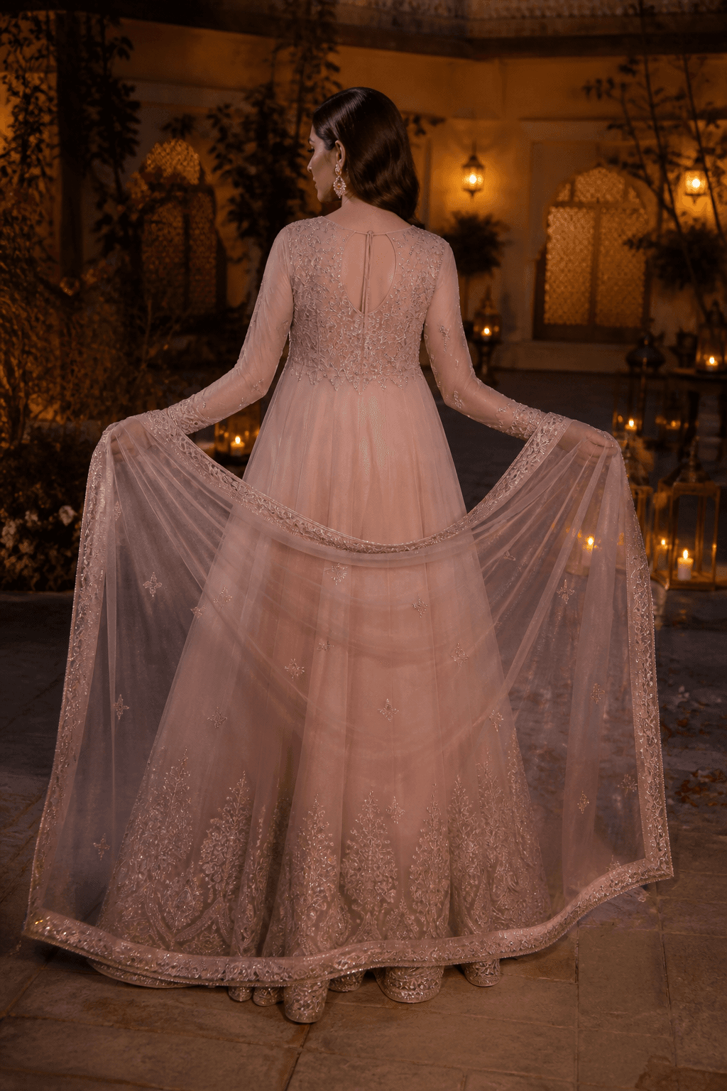Blush anarkali, back drape
