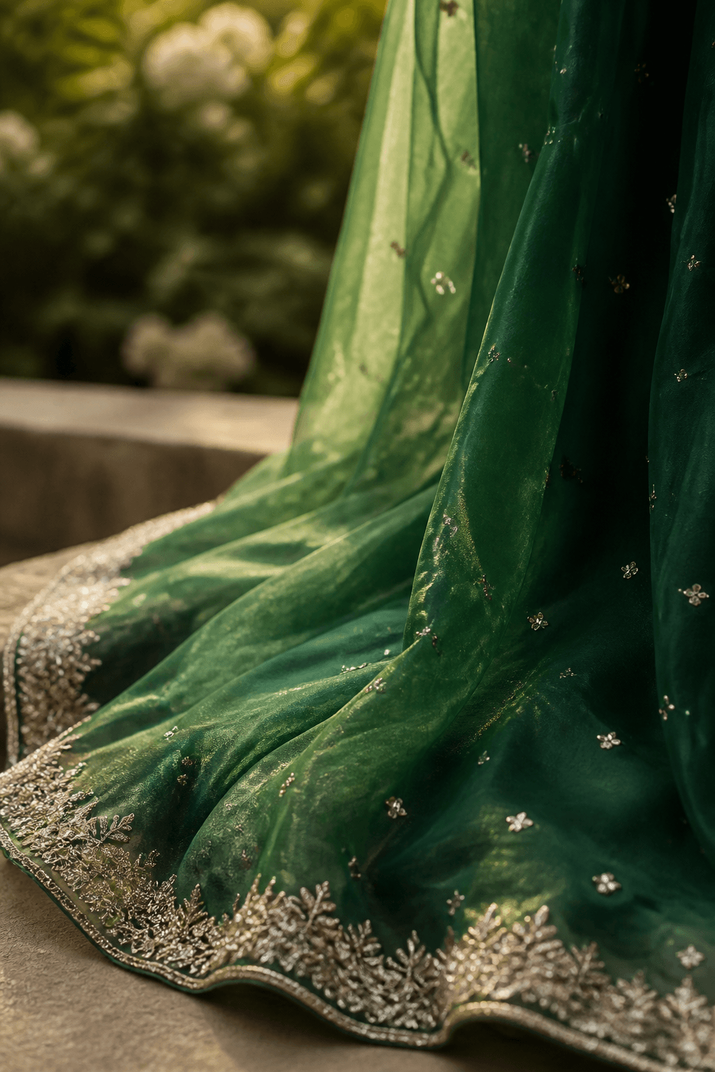 Silver mukesh on emerald organza