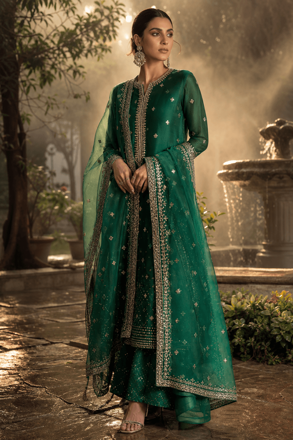 Emerald organza, three-quarter front