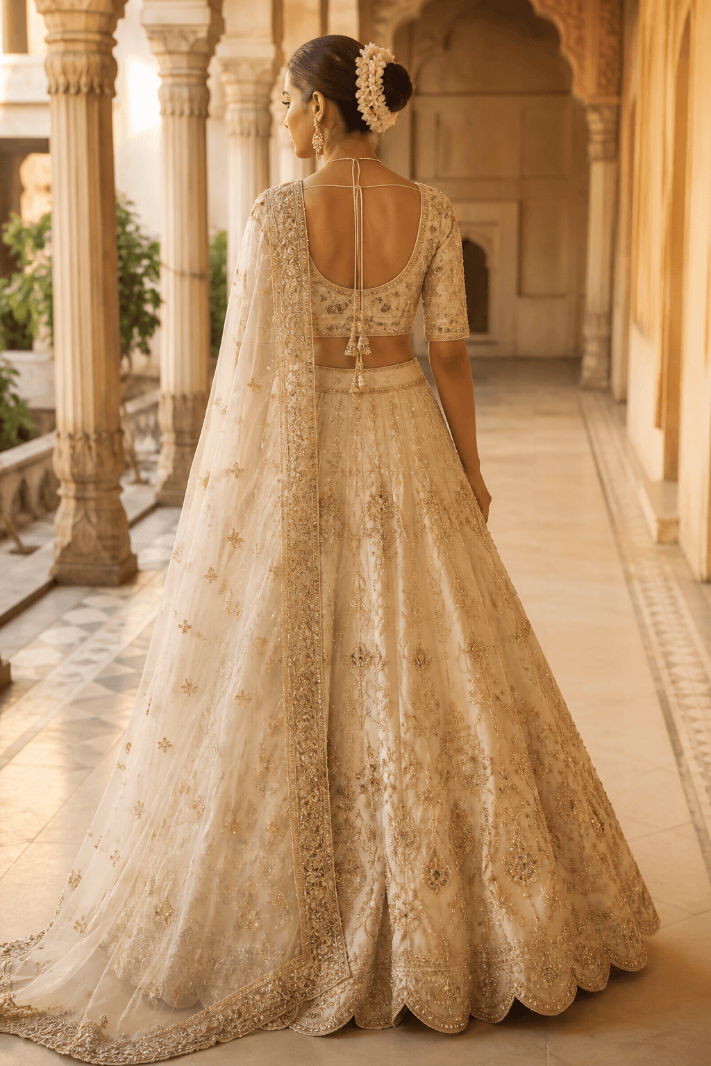 Ivory bridal lehenga, back and dupatta