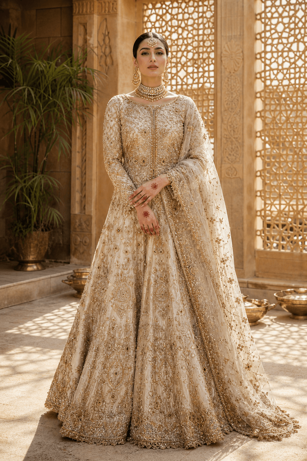 Ivory bridal lehenga, front