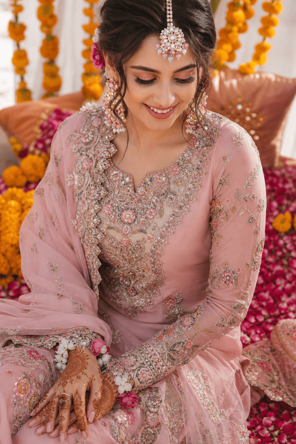 Gajra Blush Mehndi Suit by Aneela & Sons — Pakistani formals in organza with gotta, alternate angle, punjab