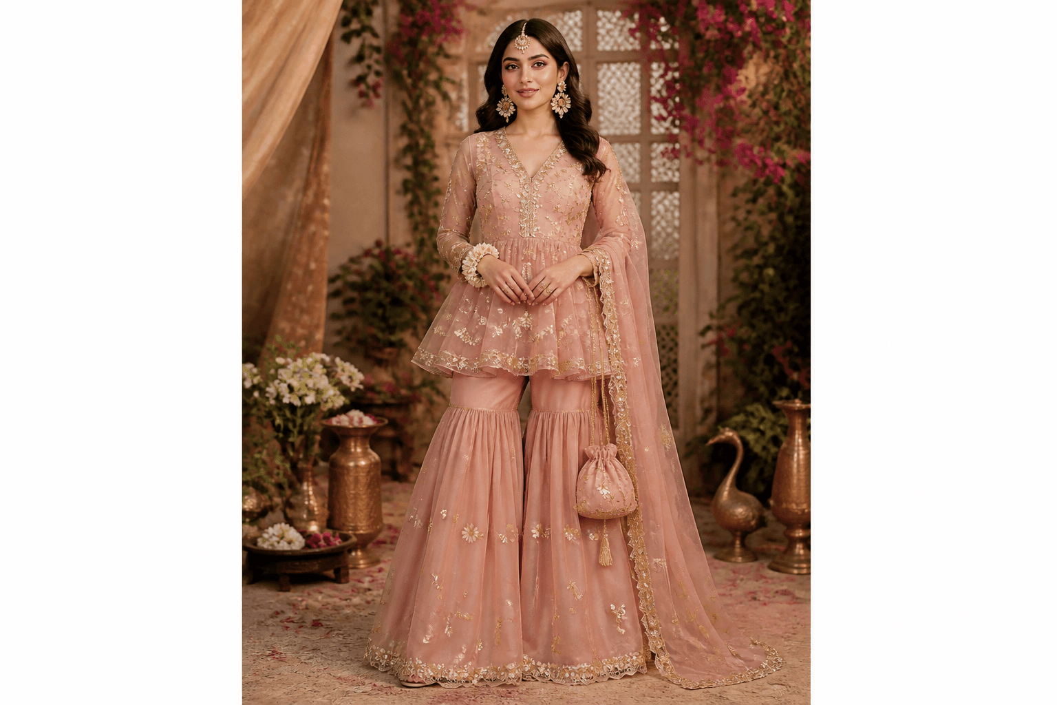 Gajra Blush Mehndi Suit by Aneela & Sons — Pakistani formals in organza with gotta, front view, punjab