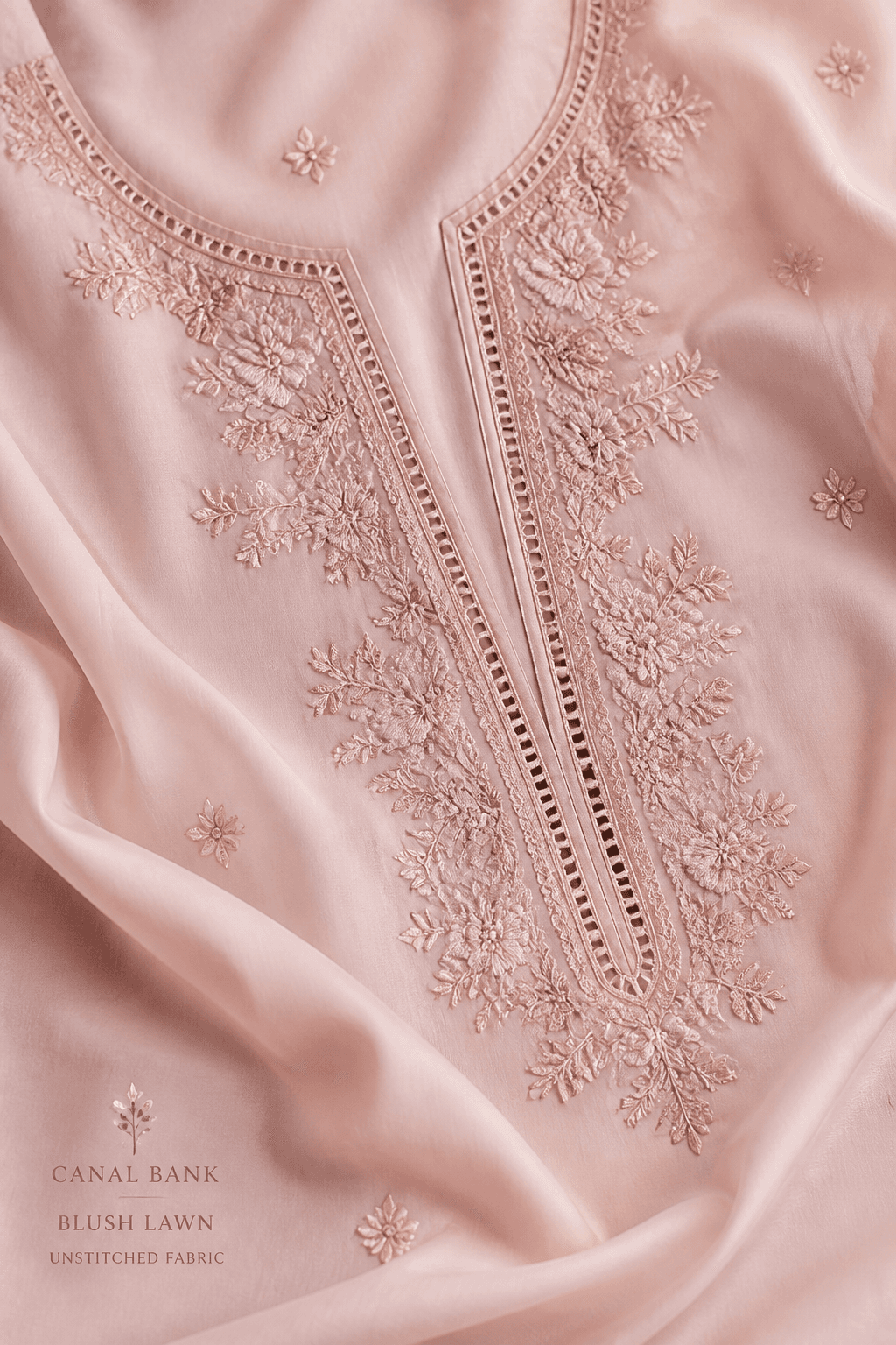 Canal Bank Blush Lawn by Aneela & Sons — Pakistani unstitched in lawn with resham, alternate angle, punjab