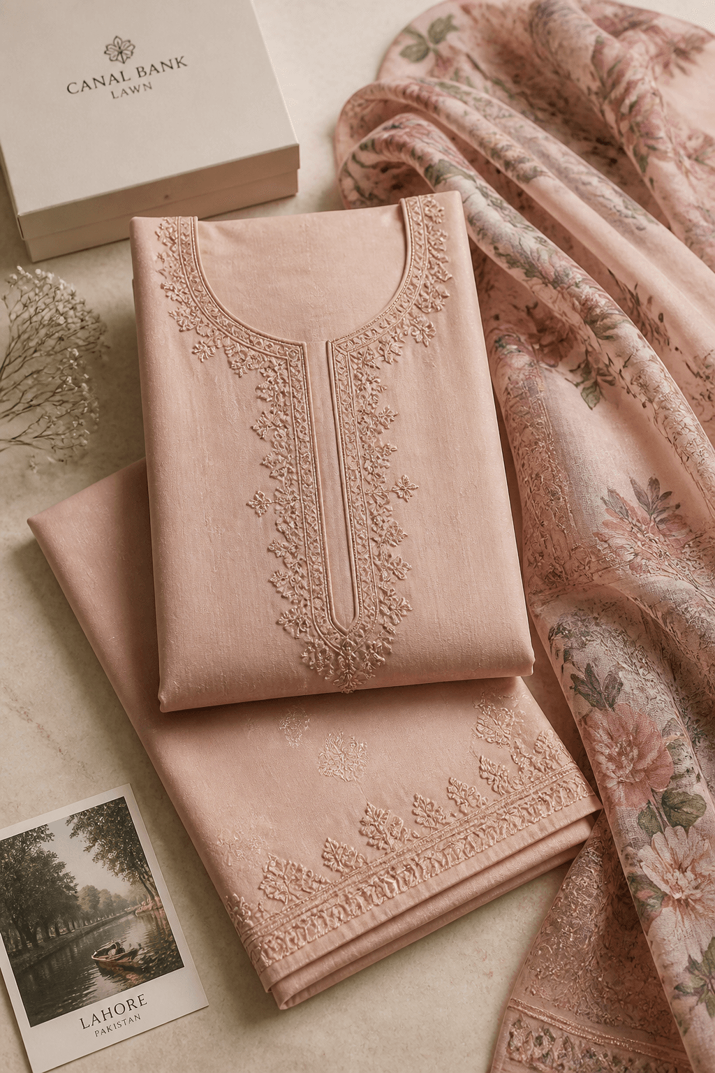 Canal Bank Blush Lawn by Aneela & Sons — Pakistani unstitched in lawn with resham, front view, punjab