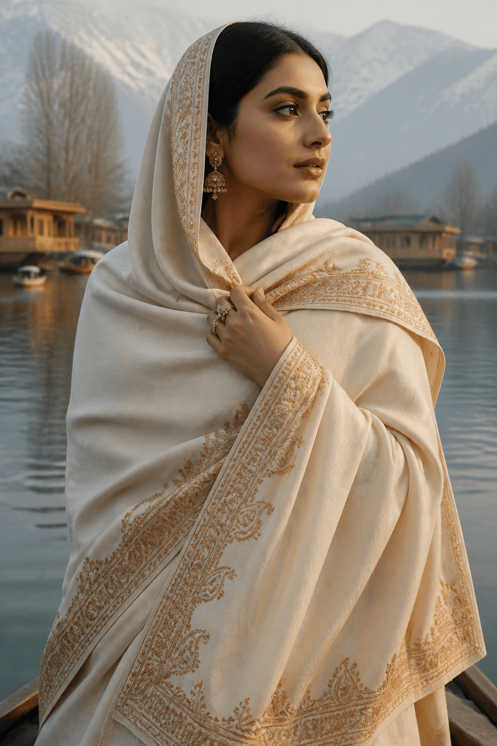 Dal Lake Tilla Shawl by Aneela & Sons — Pakistani dupatta in silk with tilla, front view, kashmir