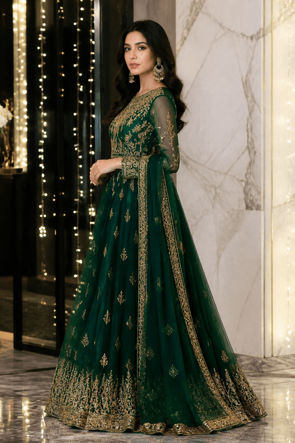 Badshahi Emerald Kurta Set by Aneela & Sons — Pakistani formals in silk with resham, front view, lahore