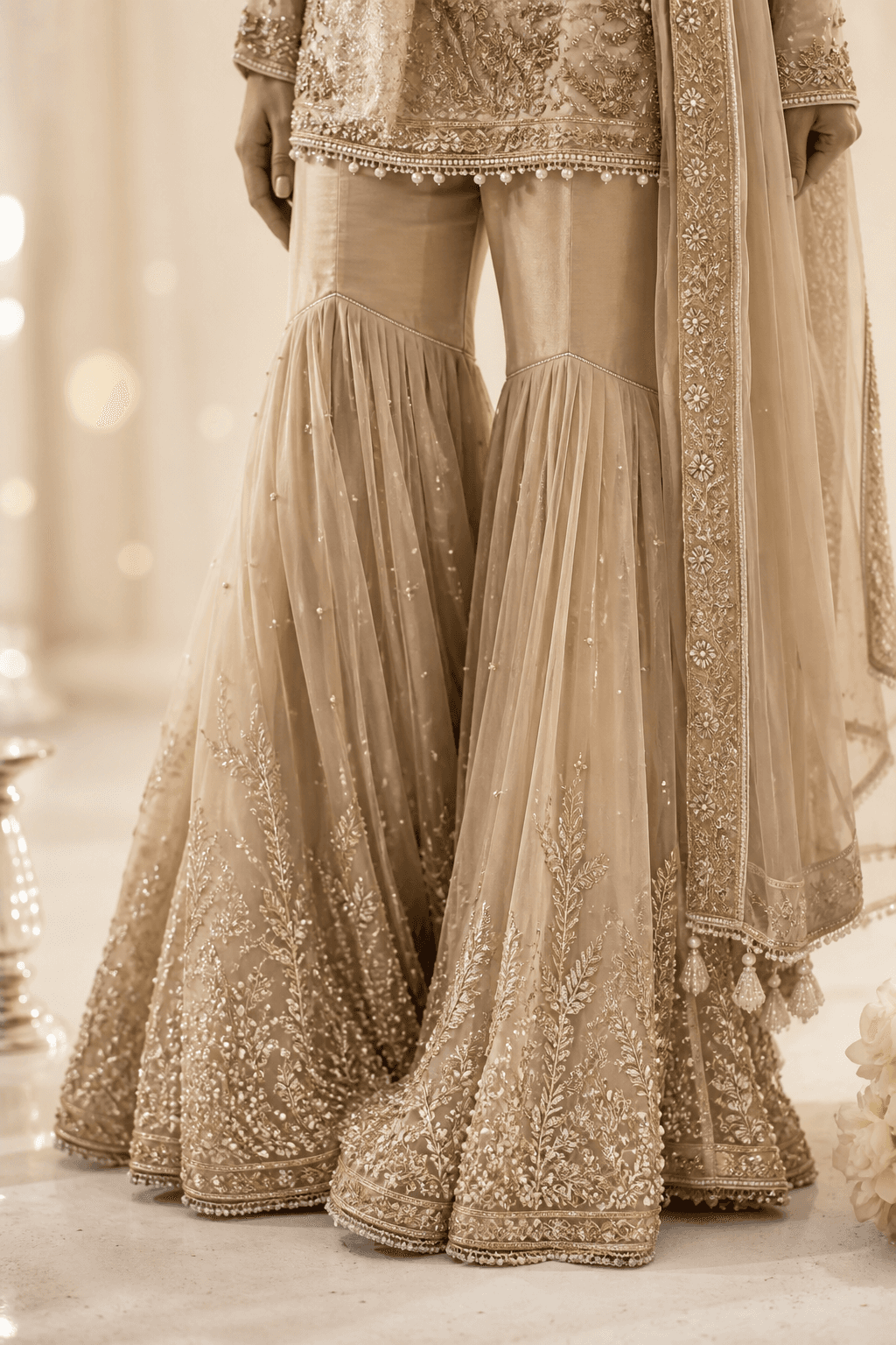 Pearl Mosque Champagne Formal by Aneela & Sons — Pakistani formals in chiffon with mukesh, alternate angle, lahore