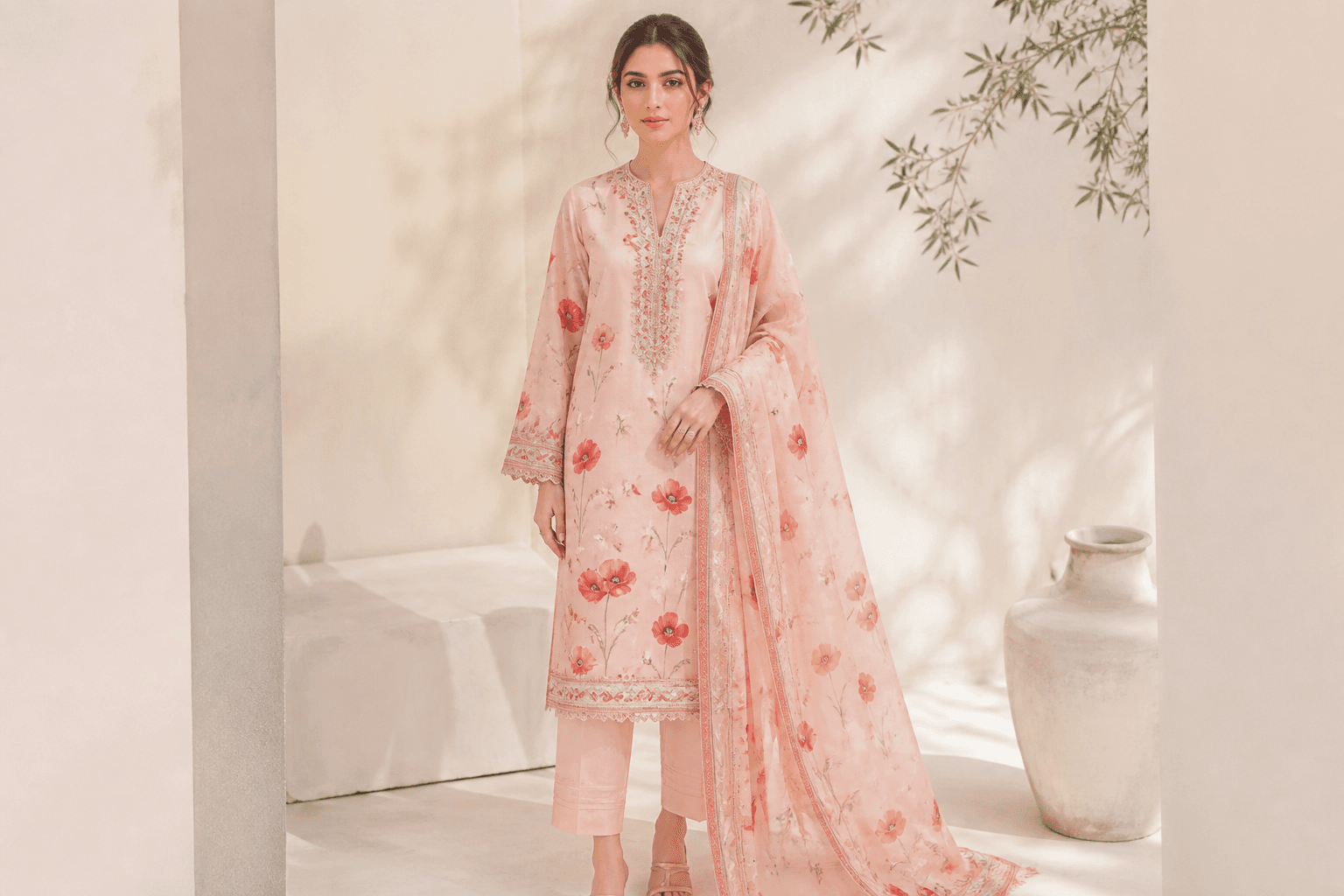 Gul-e-Lala Lawn by Aneela & Sons — Pakistani lawn in lawn with resham, front view, punjab