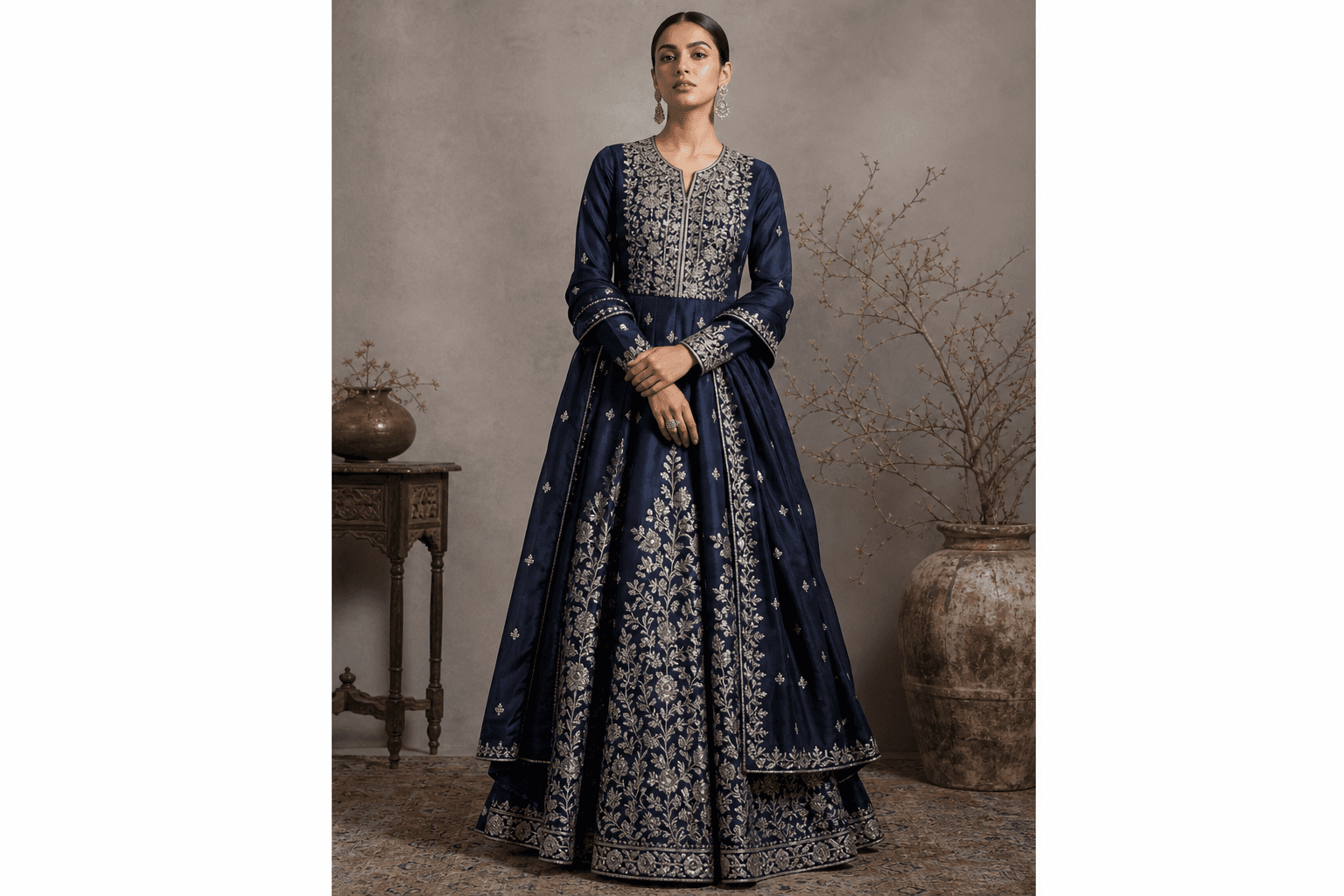 Shab-e-Nikaah Ink Lehenga by Aneela & Sons — Pakistani bridal in silk with zardozi, alternate angle, lahore