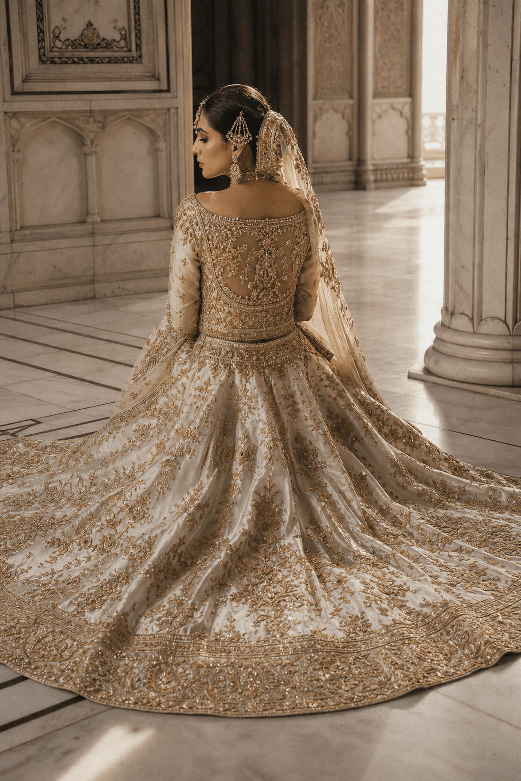Farah Ivory Gharara by Aneela & Sons — Pakistani bridal in organza with gotta, front view, lahore