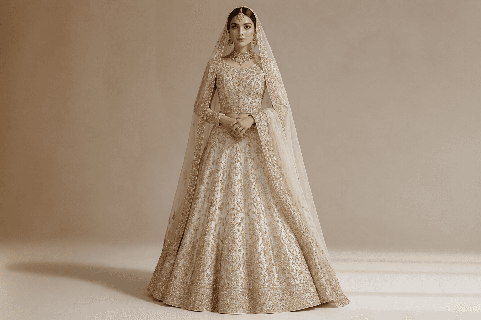 Noor Mahal Ivory Lehenga by Aneela & Sons — Pakistani bridal in silk with zardozi, front view, lahore