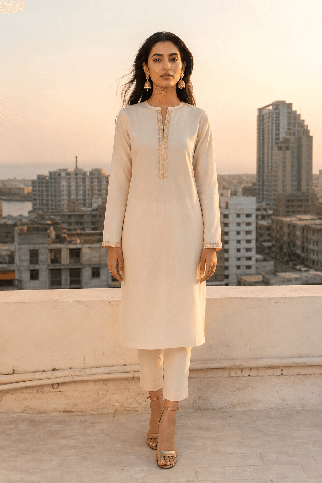 Archive Ivory Peshwas by Aneela & Sons — Pakistani bridal in silk with zardozi, front view, lahore