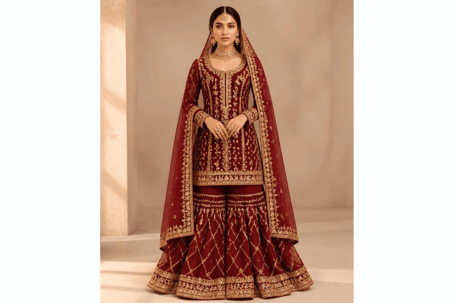 Shalimar Maroon Gharara by Aneela & Sons — Pakistani bridal in silk with gotta, front view, lahore