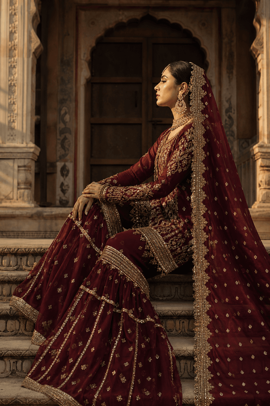 Rann Maroon Silk Dupatta by Aneela & Sons — Pakistani dupatta in silk with zardozi, alternate angle, lahore