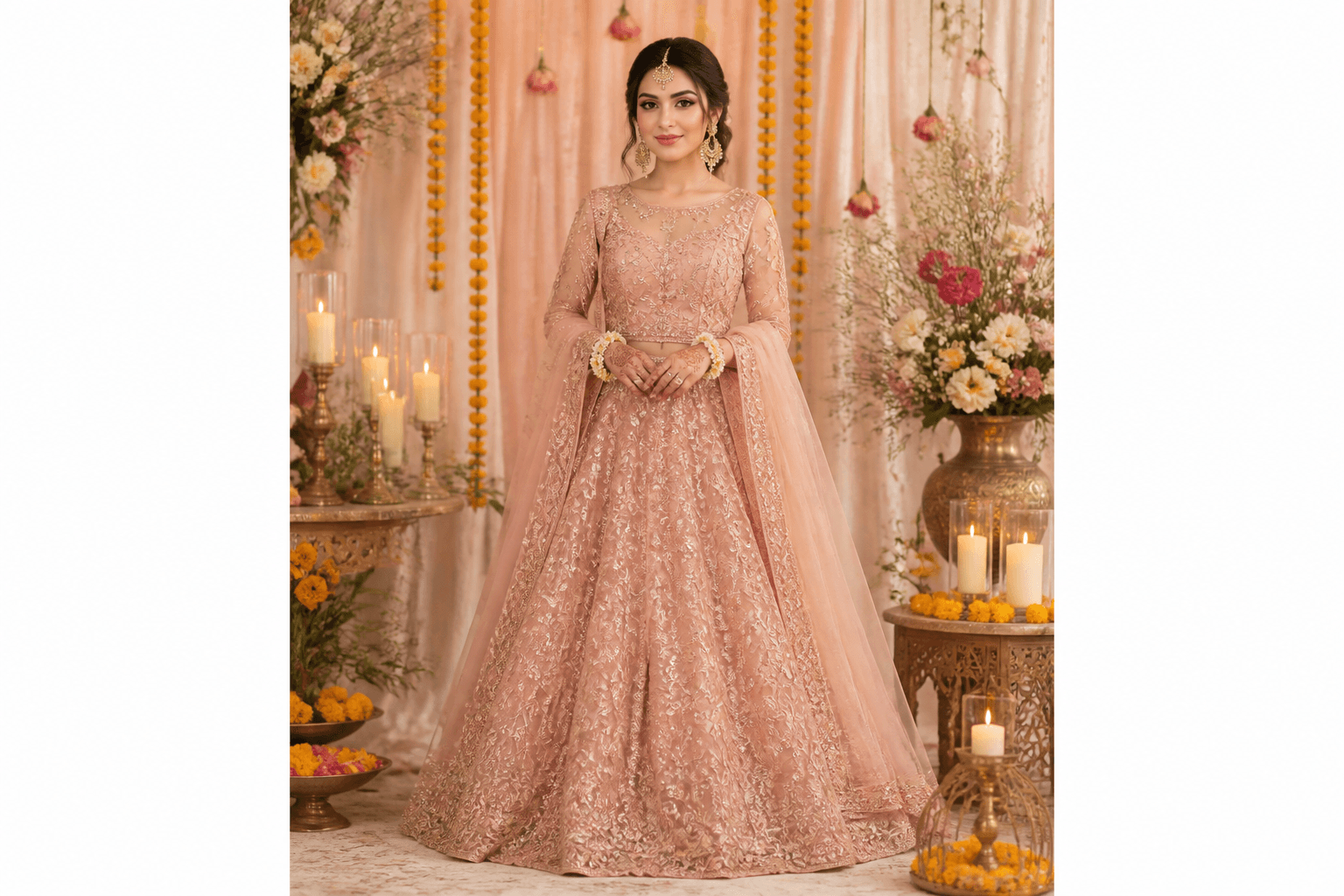 Mayun Blush Lehenga by Aneela & Sons — Pakistani bridal in organza with zardozi, front view, lahore
