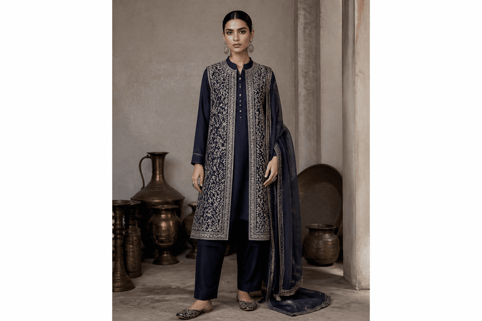 Peshawar Raw Silk Waistcoat Set by Aneela & Sons — Pakistani pret in raw-silk with resham, front view, khyber