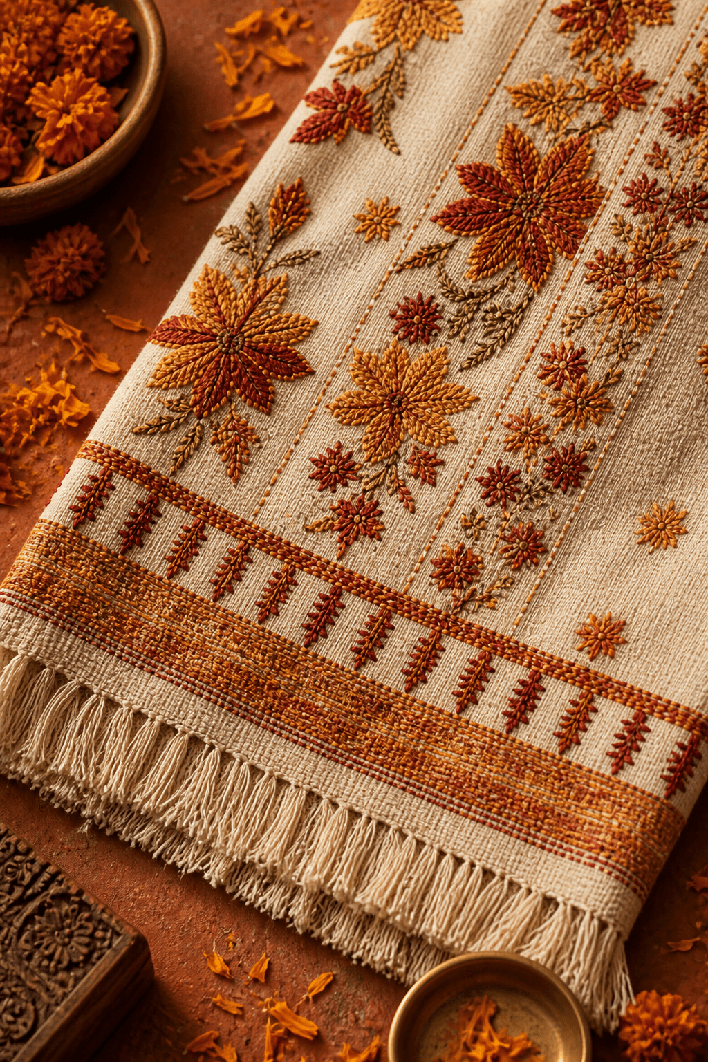 Bagh Phulkari Shawl by Aneela & Sons — Pakistani dupatta in khaddar with phulkari, alternate angle, punjab