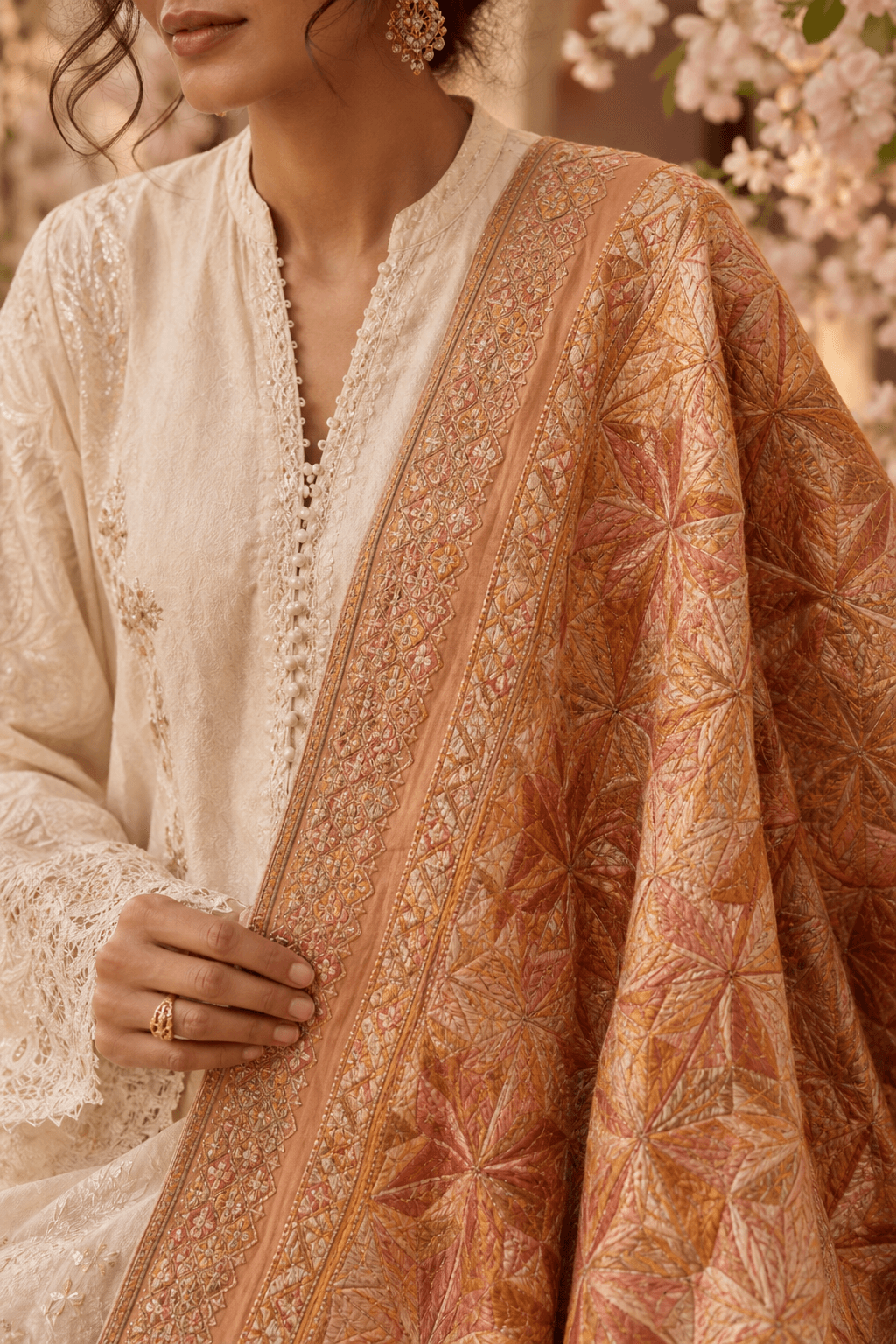 Spring Phulkari Odhani by Aneela & Sons — Pakistani dupatta in silk with phulkari, alternate angle, punjab
