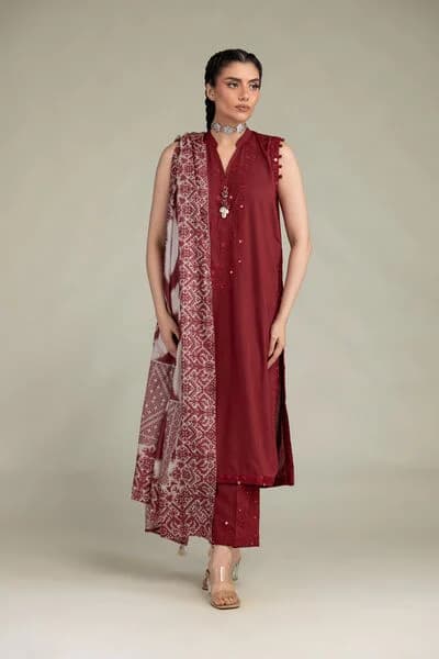 Maroon Ajrak Sleeveless