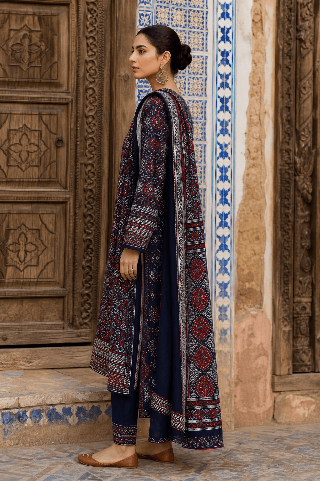 Mohenjo Ajrak Shirt by Aneela & Sons — Pakistani pret in lawn with ajrak, front view, sindh