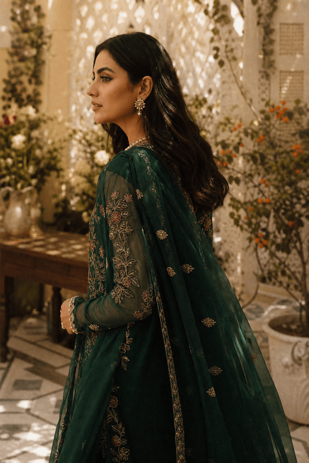 Fairy Lights Emerald Net by Aneela & Sons — Pakistani formals in net with mukesh, front view, lahore