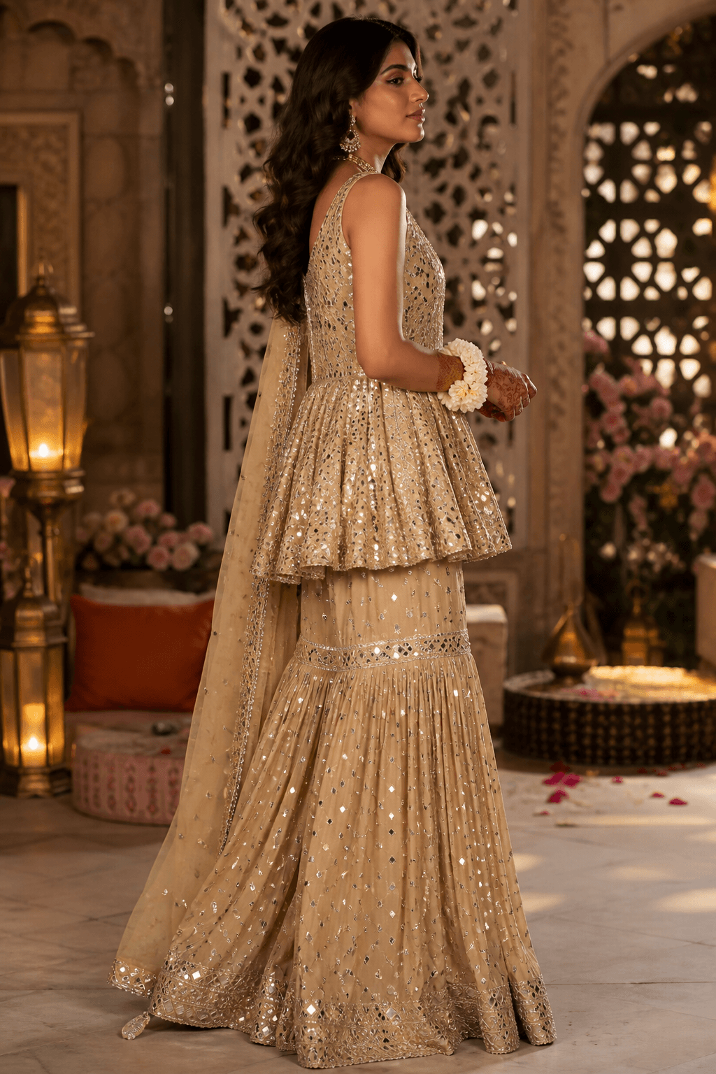 Pearl Mosque Champagne Formal by Aneela & Sons — Pakistani formals in chiffon with mukesh, front view, lahore