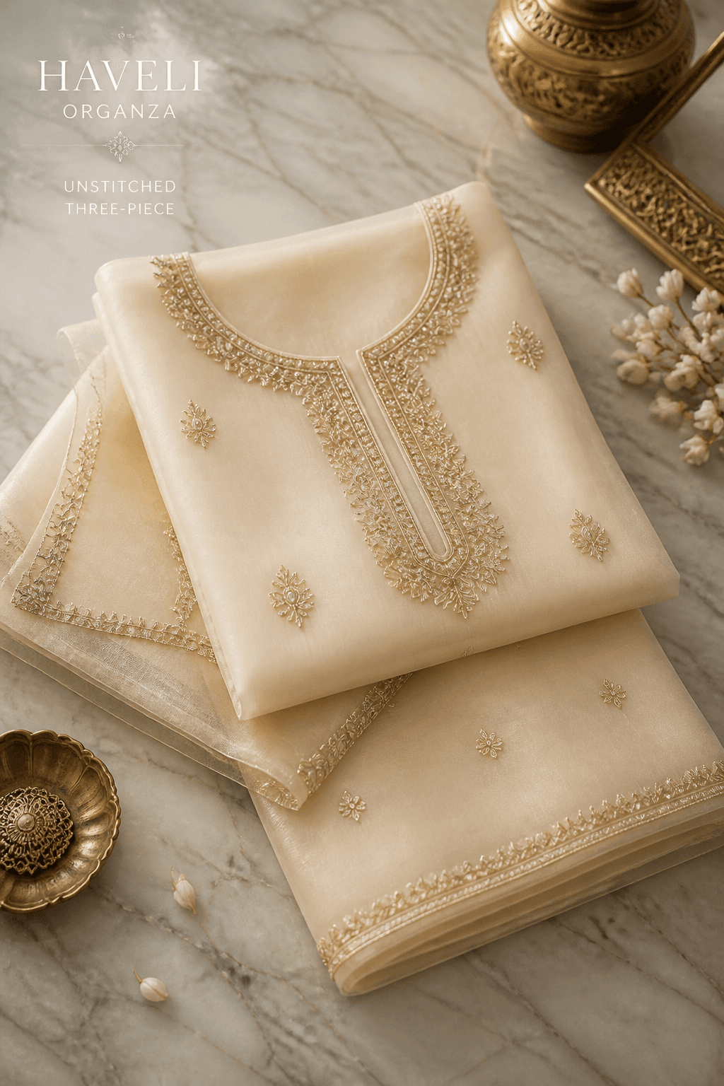 Haveli Organza Unstitched by Aneela & Sons — Pakistani unstitched in organza with zardozi, front view, lahore