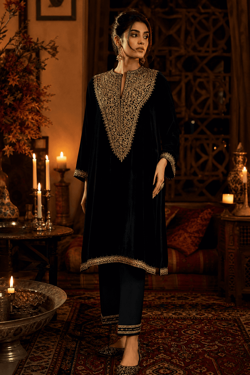 Hunza Night Velvet by Aneela & Sons — Pakistani pret in velvet with tilla, front view, kashmir