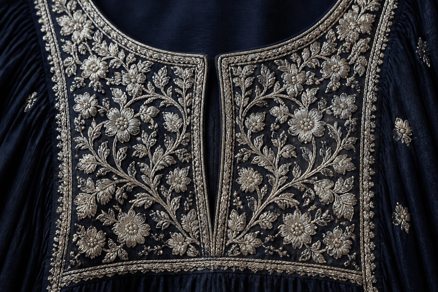 Shab-e-Nikaah Ink Lehenga by Aneela & Sons — Pakistani bridal in silk with zardozi, cloth and embroidery detail, lahore
