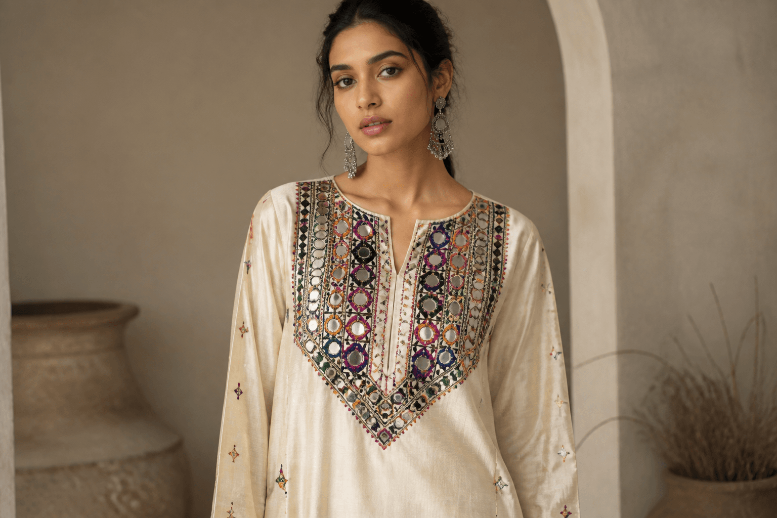 Makran Mirror Shirt by Aneela & Sons — Pakistani pret in raw-silk with mirror, front view, balochistan