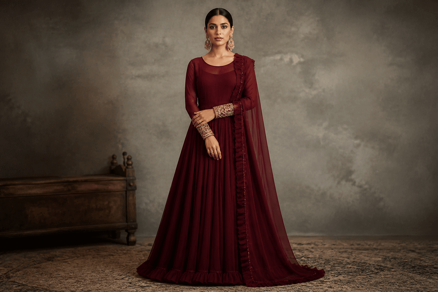 Courtyard Maroon Chiffon by Aneela & Sons — Pakistani formals in chiffon with zardozi, front view, lahore