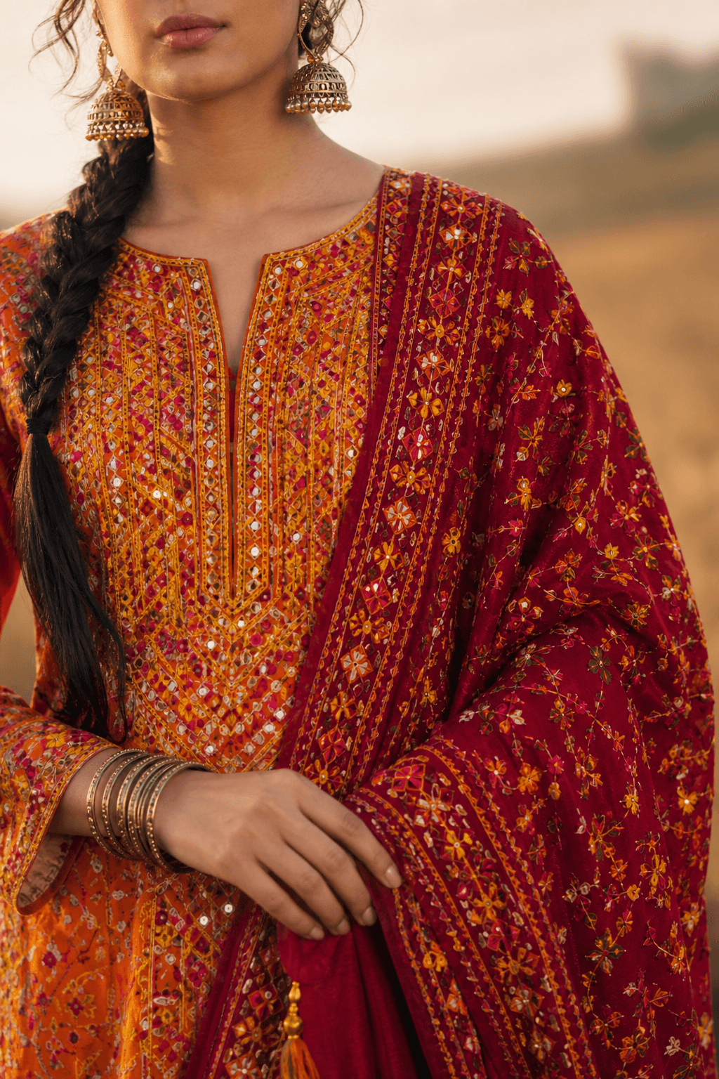 Lyallpur Phulkari Suite by Aneela & Sons — Pakistani unstitched in khaddar with phulkari, cloth and embroidery detail, punjab