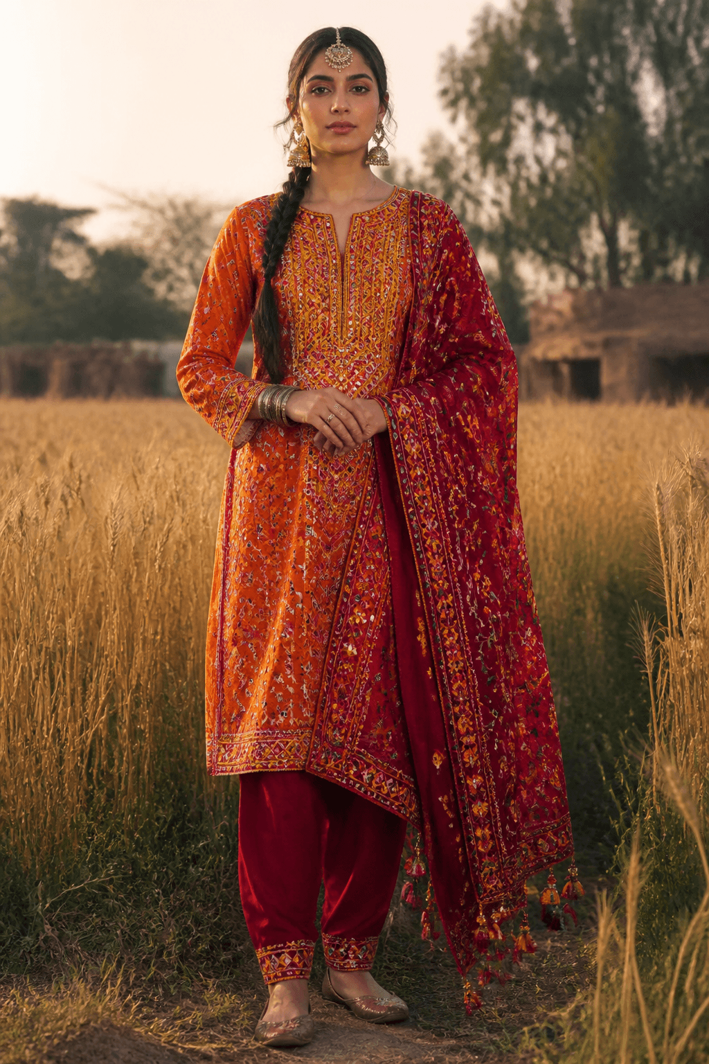 Lyallpur Phulkari Suite by Aneela & Sons — Pakistani unstitched in khaddar with phulkari, front view, punjab
