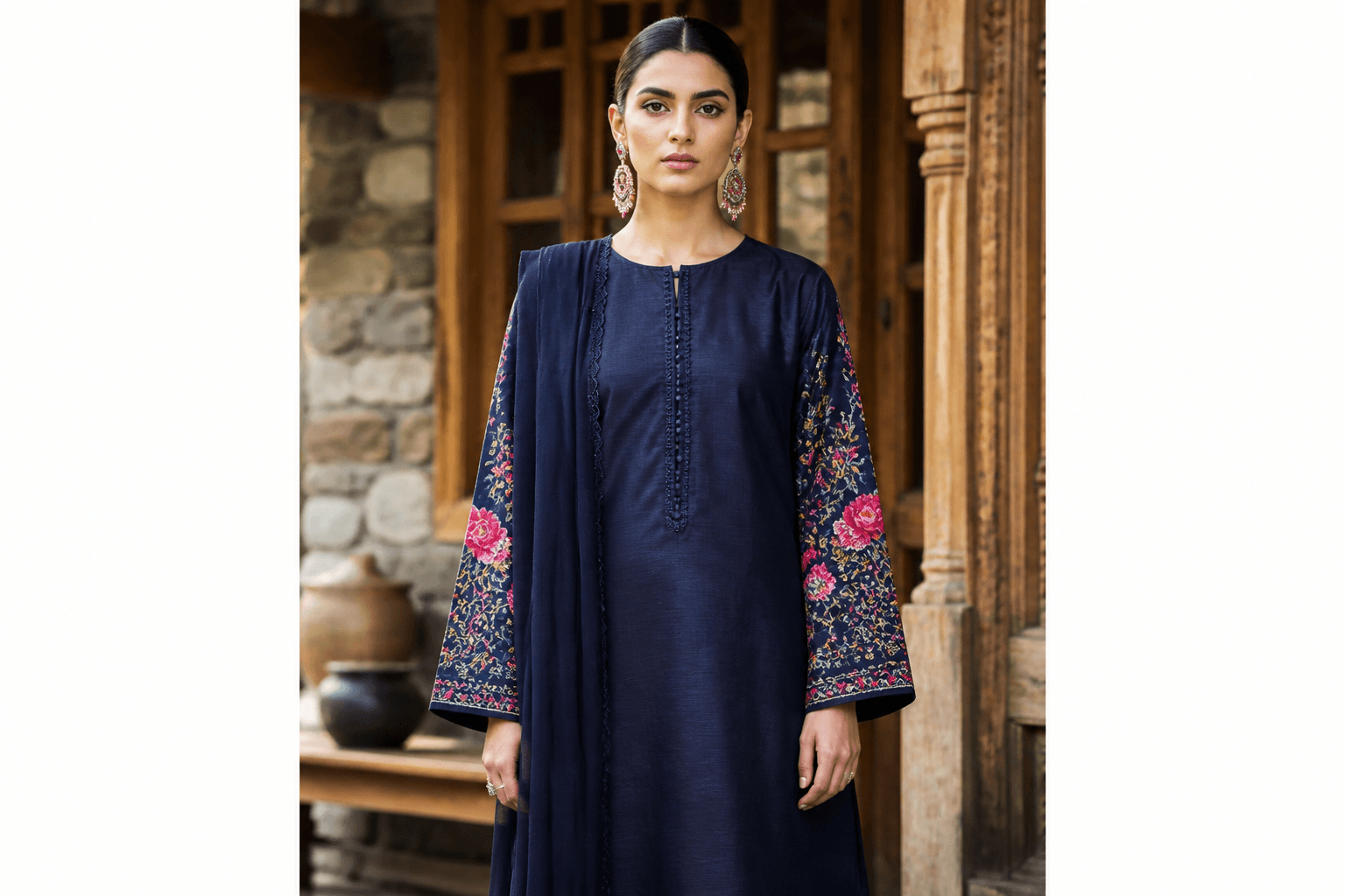 Swat Resham Pret by Aneela & Sons — Pakistani pret in raw-silk with resham, front view, khyber